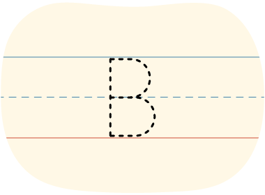 A piece of lined paper with a dotted line showing how to print the letter B in uppercase.