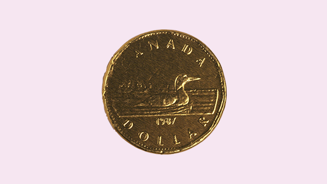A gold-coloured coin with a&nbsp;loon. This&nbsp;coin is worth one dollar and is called a loonie.