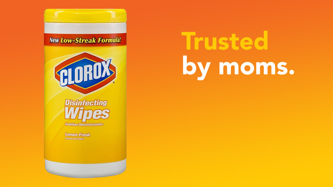 Clorox disinfecting wipes with the phrase &ldquo;Trusted by moms&rdquo;